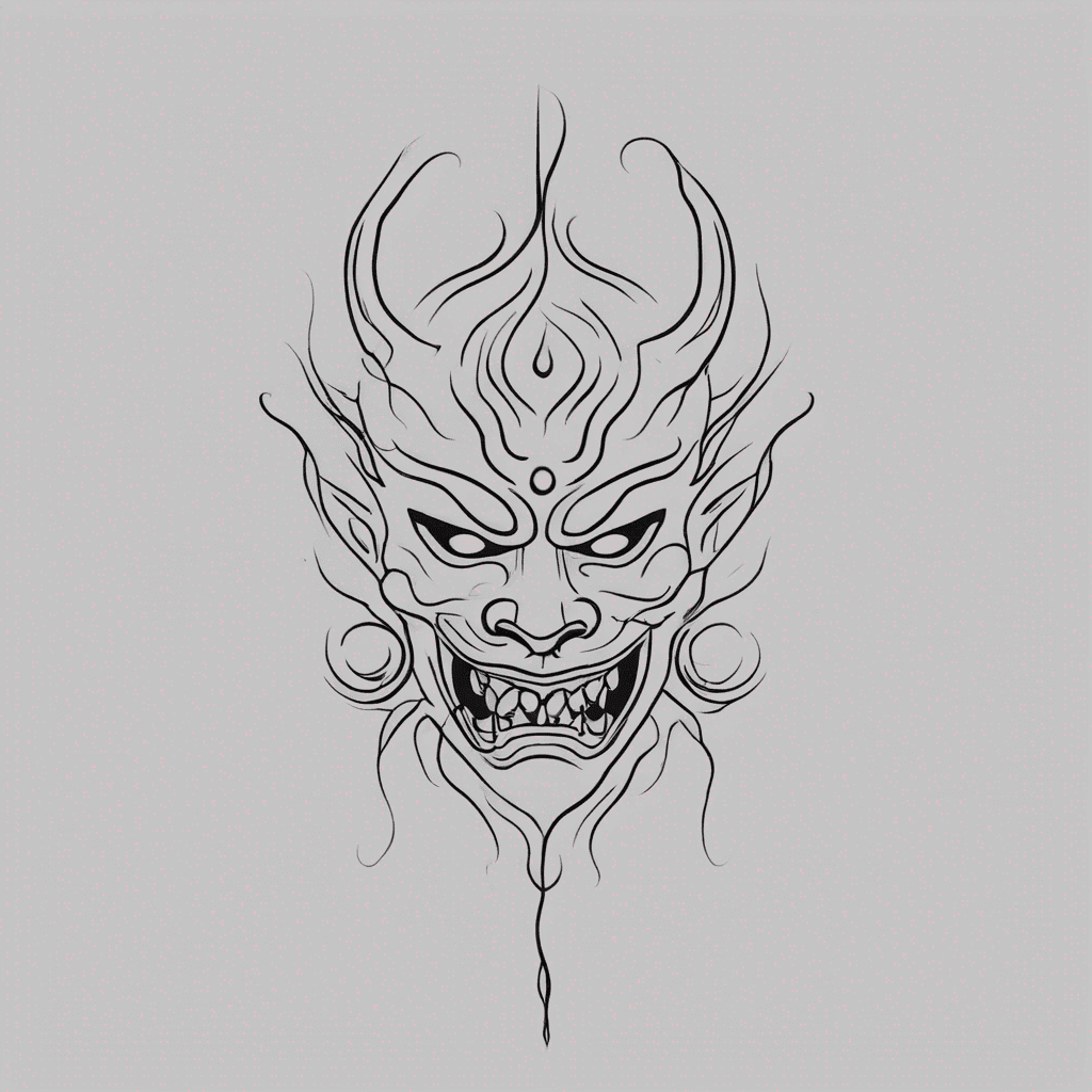 > “Oni spirit mask formed from smoke and shadows, hidden faces within mist, glowing eyes peering through, ethereal and surreal tattoo concept, ghostly aesthetic, vertical composition designed for shin, soft edges and high contrast lighting” fiercer teeth fangs