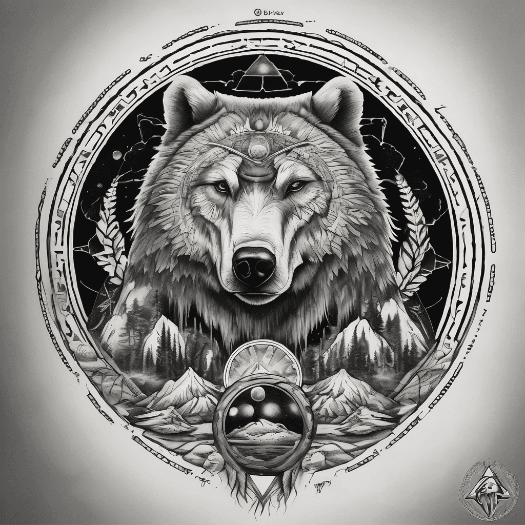“Sacred balance tattoo — bear, wolf, and eagle forming a circle of life, northern lights in the background, Ojibwe medicine wheel faintly behind them. Illustrative realism with tribal accents.”