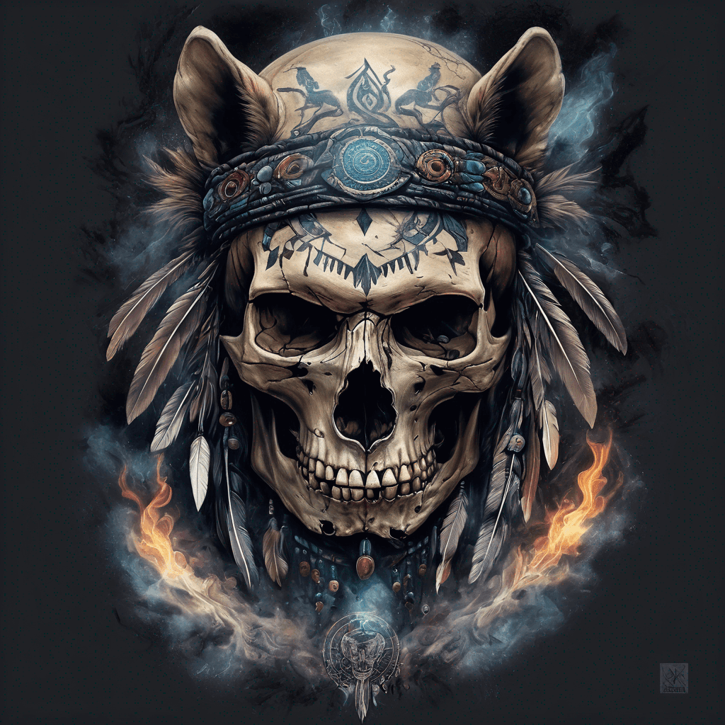 “Ojibwe skull warrior spirit tattoo — ghostly silhouette of a warrior surrounded by bear and wolf spirits, rising smoke and spiritual light, traditional markings and beadwork detail. Dark background with glowing highlights.” no feathers, bear head