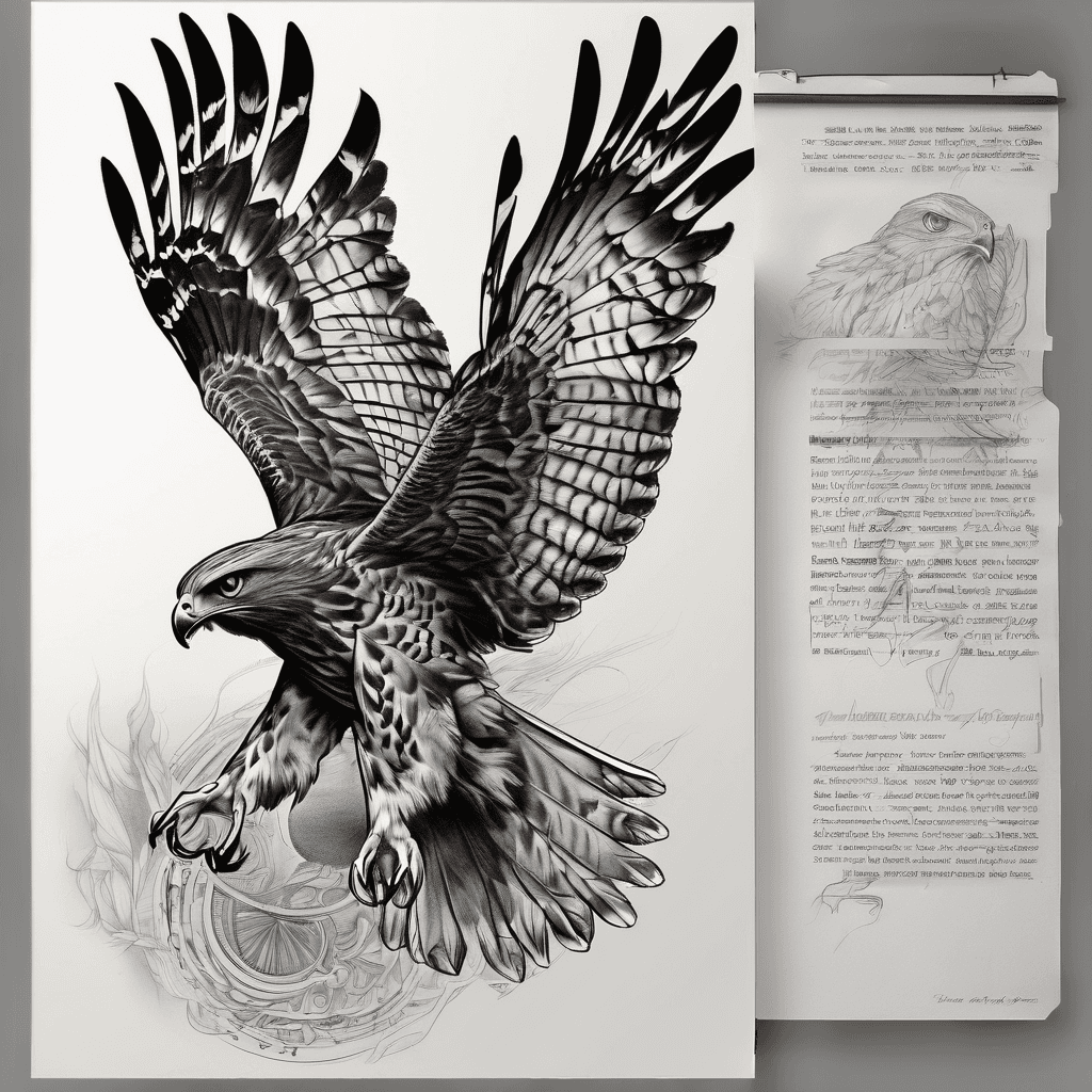 “A powerful red-tailed hawk in mid-dive, wings spread wide and talons extended, feathers detailed with red and brown tones. The background fades into smoky clouds and subtle Ojibwe-inspired line art — representing vision, focus, and spiritual guidance. Tattoo designed for the shin, wrapping slightly around the leg for depth and motion.” semetrical