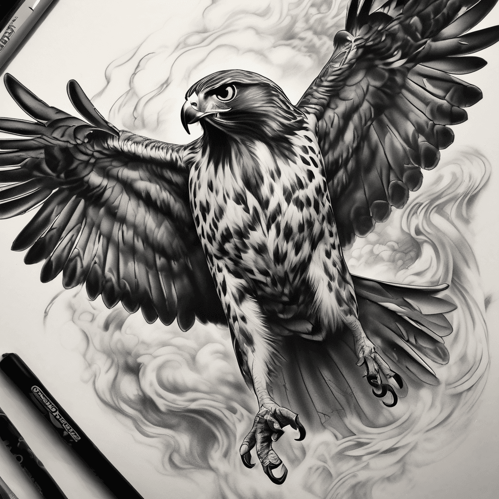 “Red-tailed hawk tattoo diving toward the ground with intense eyes, claws outstretched, surrounded by swirling smoke and lightning energy. Black and grey realism with a red hue in the tail feathers. Positioned on the shin for a vertical, powerful composition.”