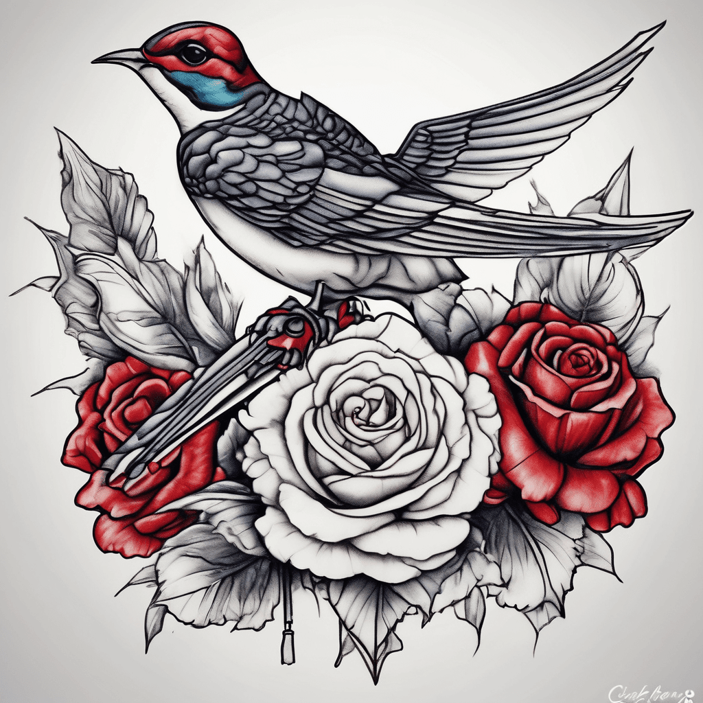 Feminine swallow carrying a single red carnation