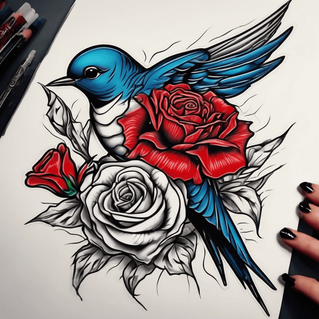 Swallow clutching a single red carnation