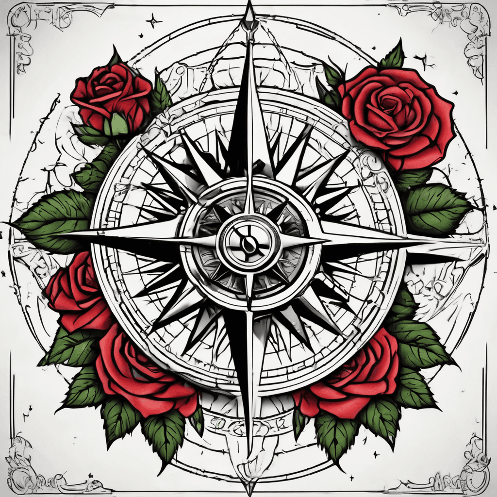 compass rose half night with cresent moon and half day with sun