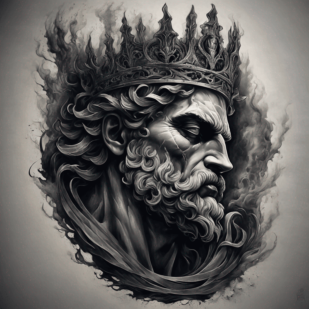 "Side profile of Hades, Greek god of the underworld, in intricate Renaissance style, with a 3-point crown, with features that show power."