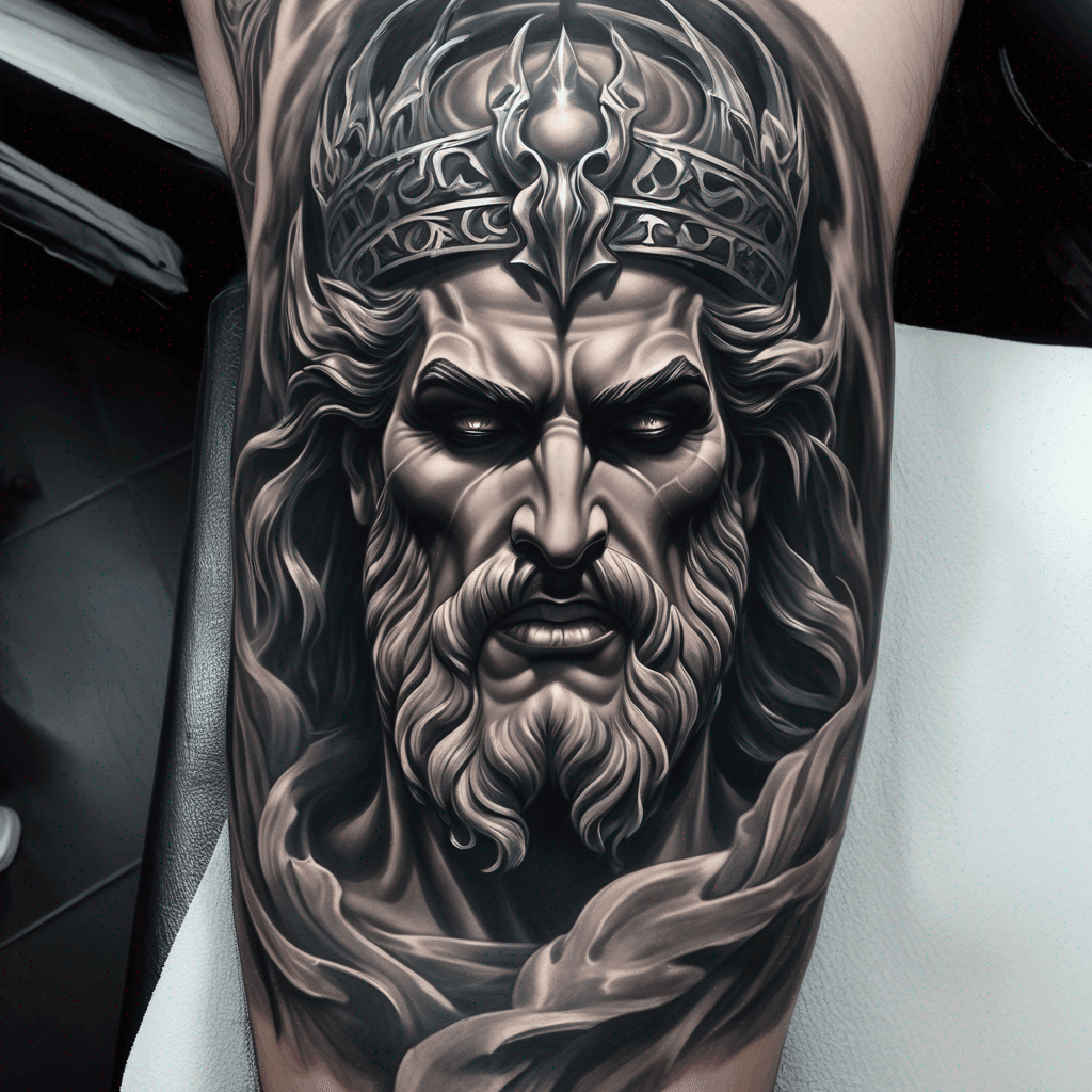 "Create an image of Hades, Greek god of the underworld, adorned in dark, flowing robes and a skull crown, exuding power amidst shadows and underworld hints."