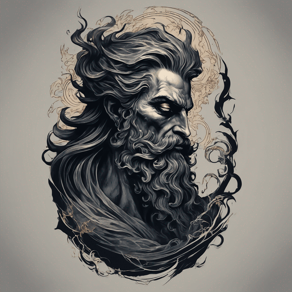 Design a bold side profile tattoo of Hades inspired by Renaissance art, emphasizing strong classical features with sharp, defined lines suitable for tattoo art. Capture the dignified and regal essence of Hades as the god of the underworld with a dramatic silhouette featuring long flowing hair or beard stylized with subtle mythological symbols like the bident or pomegranate. Use high contrast black and gray shading with fine line detailing to create depth and texture, reminiscent of Renaissance chiaroscuro techniques. The expression should convey solemn authority and mystery, with minimalist but impactful ornamentation such as a laurel crown, classical drapery, or subtle Greek patterns. The composition should be clean and striking, ideal for skin placement with clear contours and shading for visual impact as a timeless tattoo design