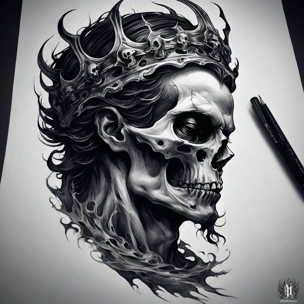 "Side profile view of Hades, shown with strong, defined features and a haunting expression. He wears a detailed skull crown, emphasizing his status as the ruler of the underworld. The design should use dramatic linework and bold shading to evoke a mythological, powerful, and mysterious atmosphere, suitable for tattoo art."
