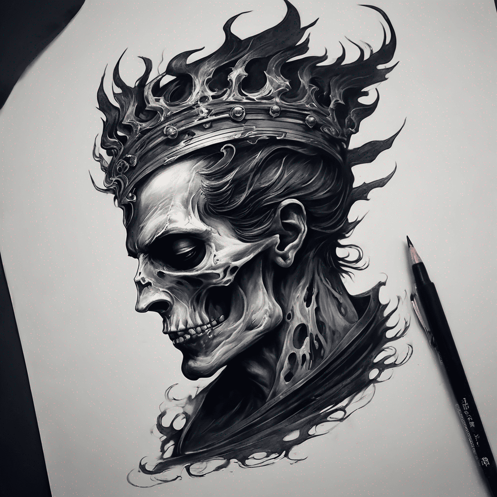"Side profile view of Hades, shown with strong, defined features and a haunting expression. He wears a detailed skull crown, emphasizing his status as the ruler of the underworld. The design should use dramatic linework and bold shading to evoke a mythological, powerful, and mysterious atmosphere, suitable for tattoo art."
