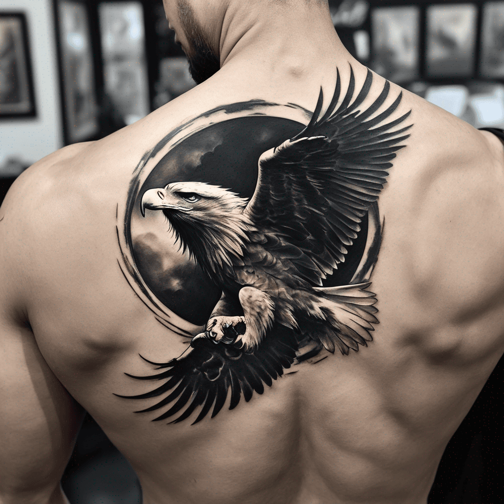 Male shoulder tattoo: enso circle with an eagle flying into it