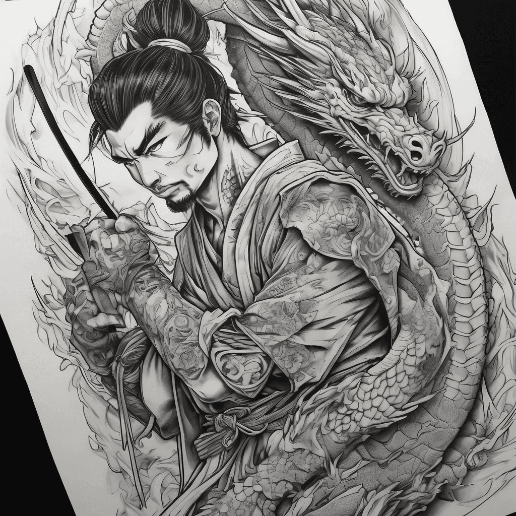"pikachu samurai holding a kitana which asian dragon in backround ""comic book anime style" "detailed" "bold lines"