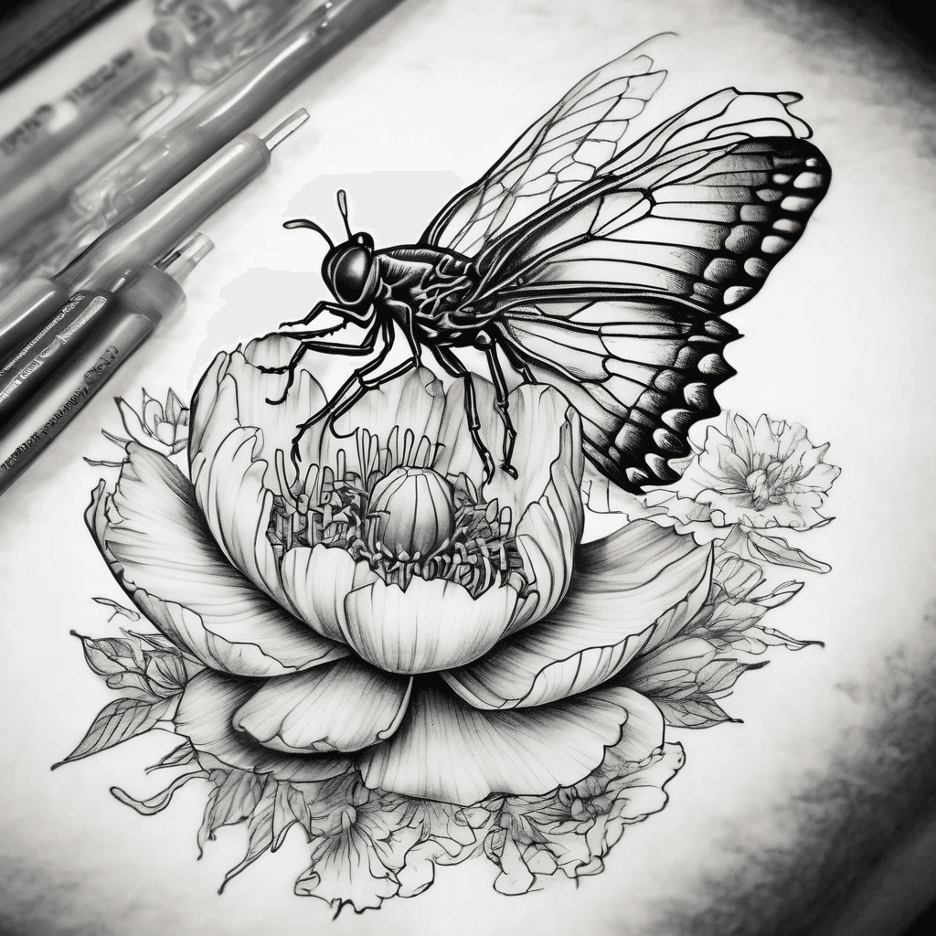 Tattoo 1 – Left Upper Inner Arm Theme: Firefly & Peony Quote: “A heart is a heavy burden” Concept & Style: This design is framed within a clean, rectangular border, keeping a balanced horizontal composition. At the top, a realistic firefly is centered with translucent wings, a softly glowing abdomen in warm blue hues, and fine black linework emphasizing anatomical detail. Below it, a large peony flower blooms into the frame, rendered in a black and gray base with subtle warm red and gold highlights to create depth and life. The petals should have a delicate gradient rather than flat color blocks. The phrase “A heart is a heavy burden” is placed integrated harmoniously between the firefly and the flower without overpowering either element. Overall, the tone should feel poetic, introspective, and luminous, blending fine-line realism with soft illustrative shading.