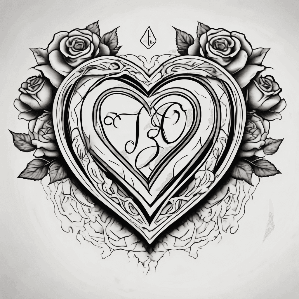 Black outline of a heart with roses around it and the initials PJC inside the heart