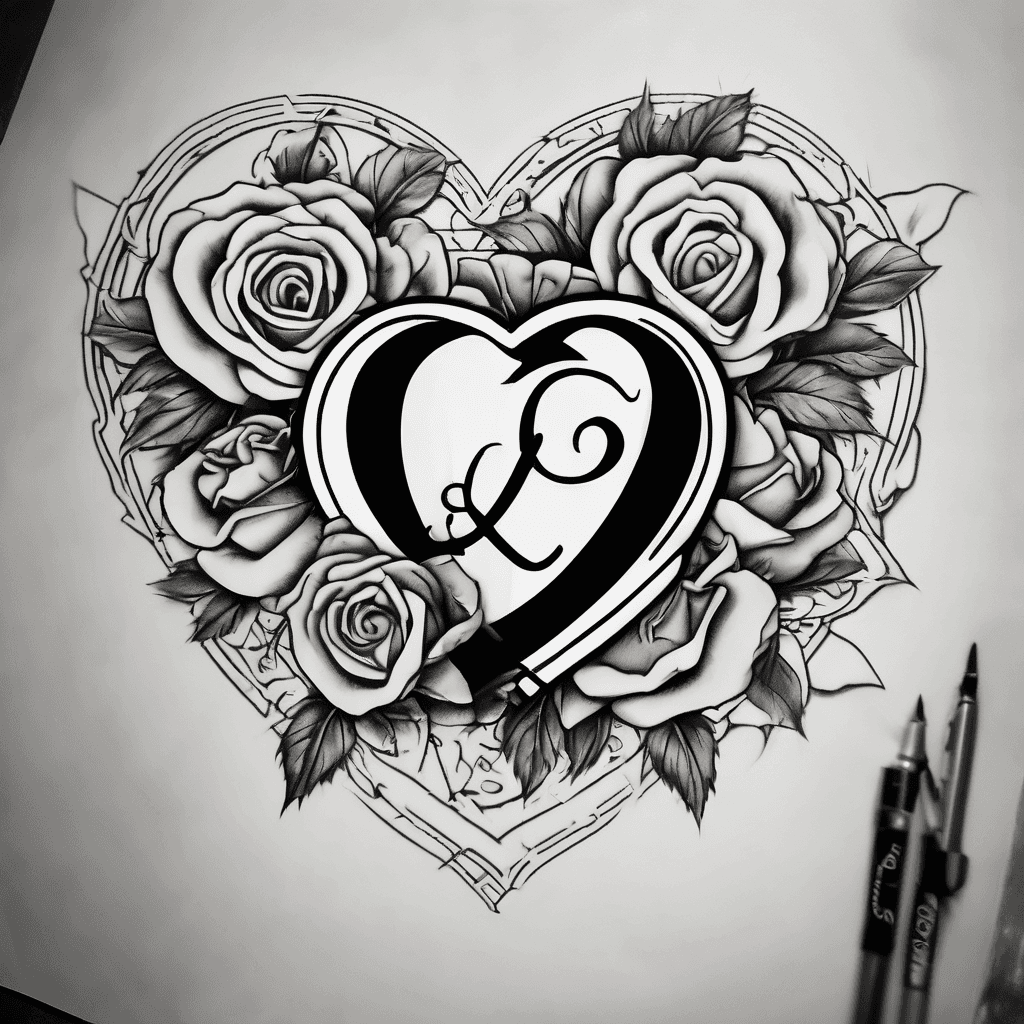 Black outline of a heart with roses around it and the initials PJC inside the heart