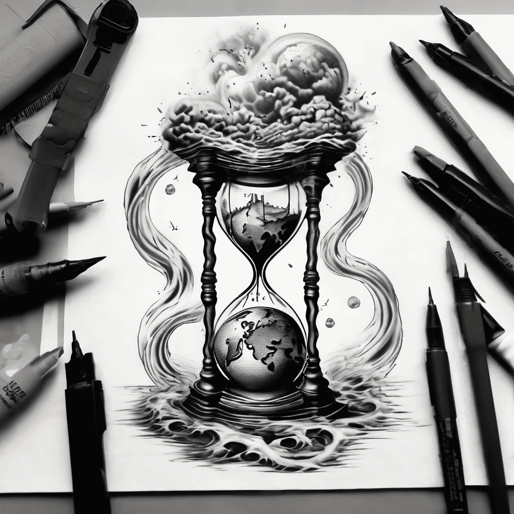 A surreal hourglass with the planet Earth melting and flowing down into sand, while a massive atomic explosion erupts from the top. Use solid black and grey shading for a strong cover-up tattoo design.