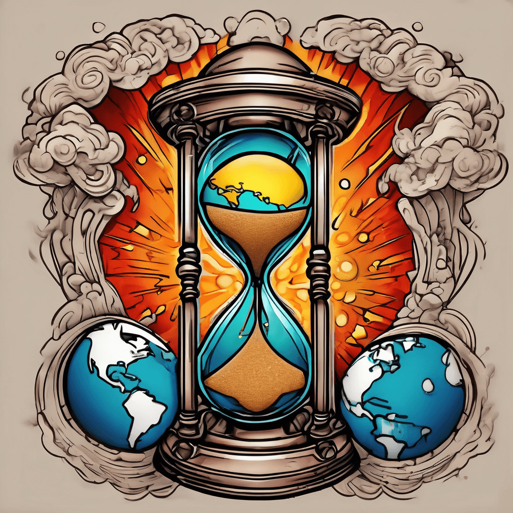 Tattoo design of an hourglass with the Earth globe on top, turning into sand below, while a fiery atomic explosion erupts from the top. Bright solid colors, bold outlines, high detail, designed for a full-sleeve cover-up tattoo.