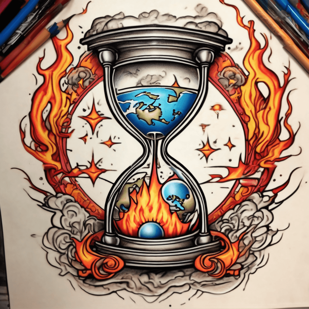 Tattoo design of an hourglass with the Earth globe on top, turning into sand below, while a fiery atomic explosion erupts from the top. Bright solid colors, bold outlines, high detail, designed for a full-sleeve cover-up tattoo.