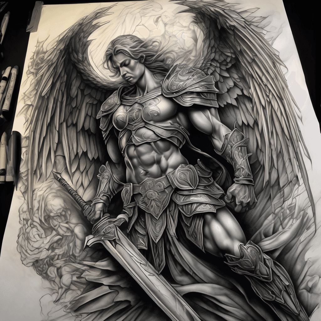 Realistic black and grey tattoo for a half-sleeve design. A dark, armored angel looking downward while fighting with a spear. The wings are large and detailed, spreading behind the figure with strong shadows and motion. Use deep tonal shading, smooth gradients, and heavy black background for maximum darkness and coverage. The atmosphere should be dramatic, powerful, and moody — a dark tonal composition perfect for a cover-up tattoo.