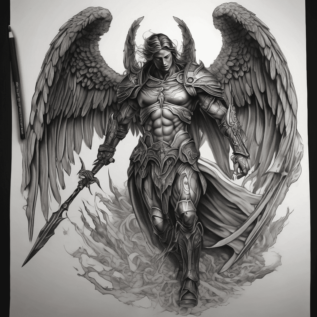 Realistic black and grey tattoo for a half-sleeve design. A dark, armored angel looking downward while fighting with a spear. The wings are large and detailed, spreading behind the figure with strong shadows and motion. Use deep tonal shading, smooth gradients, and heavy black background for maximum darkness and coverage. The atmosphere should be dramatic, powerful, and moody — a dark tonal composition perfect for a cover-up tattoo.