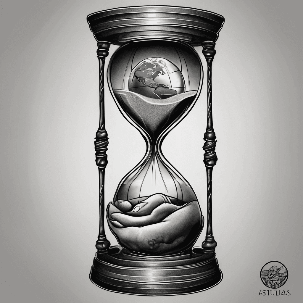 Realistic black and grey tattoo of an hourglass. The Earth globe is clearly inside the top glass chamber, turning into sand that falls to the bottom. Very dark shading, solid black background, strong contrast, designed for an inner forearm cover-up