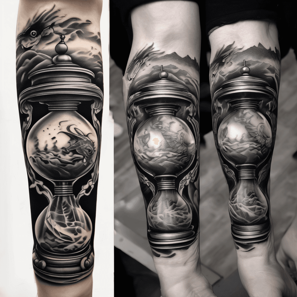 Realistic black and grey tattoo of an hourglass. The Earth globe is clearly inside the top glass chamber, turning into sand that falls to the bottom. Very dark shading, solid black background, strong contrast, designed for an inner forearm cover-up