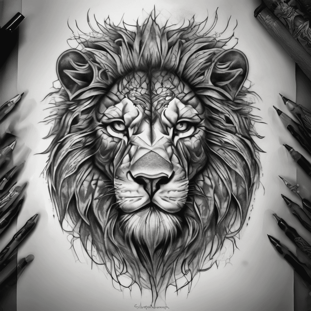 Full chest tattoo design of a powerful realistic lion face with detailed fur and deep shadows, black and grey style, high contrast, intense expression, large size covering the entire chest area, designed as a cover-up tattoo to hide an old eagle and cross tattoo, symmetrical composition, dramatic lighting, fine linework and smooth shading.