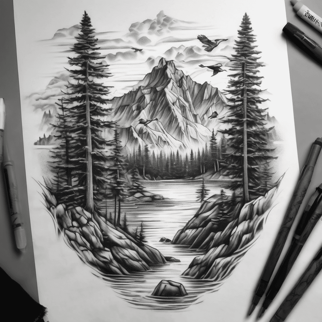 not on skin): ⸻ Prompt: “Black and grey realistic tattoo design of a mountain landscape with tall pine trees, rocky river, and flying birds in the sky. Highly detailed shading and texture, natural lighting, no human skin, white background, full design clearly visible.