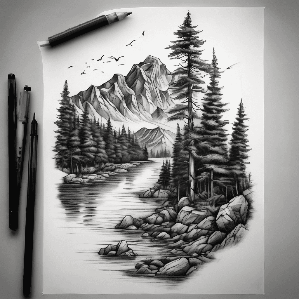 not on skin): ⸻ Prompt: “Black and grey realistic tattoo design of a mountain landscape with tall pine trees, rocky river, and flying birds in the sky. Highly detailed shading and texture, natural lighting, no human skin, white background, full design clearly visible.