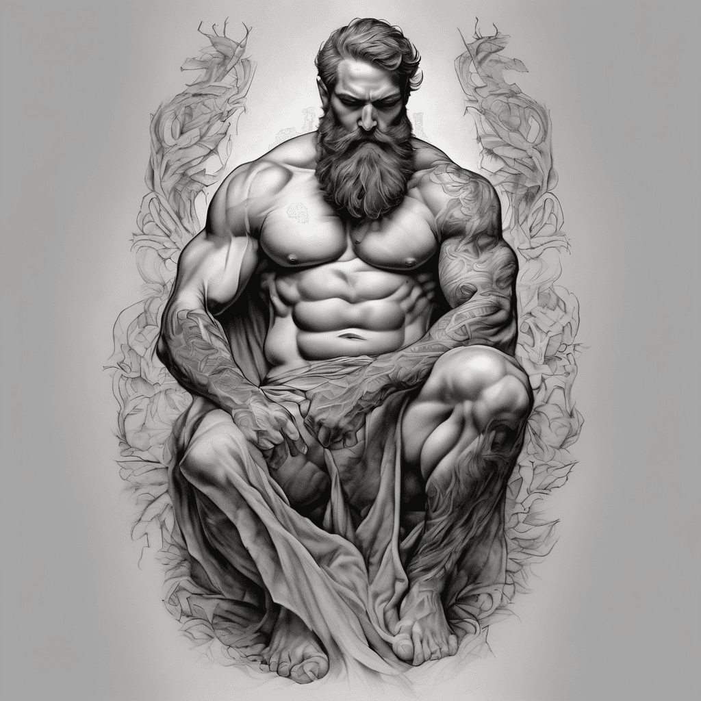 black and grey tattoo design of a strong bearded man rising from a kneeling position,, symbolizing strength and rebirth, realistic shading, fine line work, classical renaissance style, dramatic lighting, soft background shadows, tattoo composition for ribcage — inspired by the existing tattoo on my left ribcage showing a mother holding her child, this new tattoo should stylistically match it, featuring me (use reference image) as the main figure, realistic anatomy and facial features, same fine line and shading style, classical composition, harmonious balance between both sides of the torso