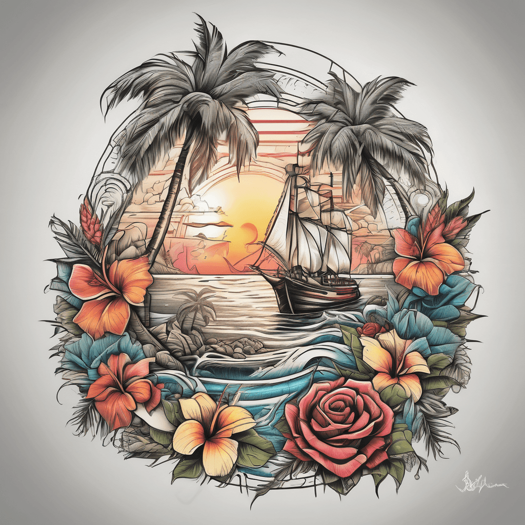 A tropical beach with a sunrise, palm tree, anchor, compass, with hawaiian flowers and a small boat on a guys shoulder.