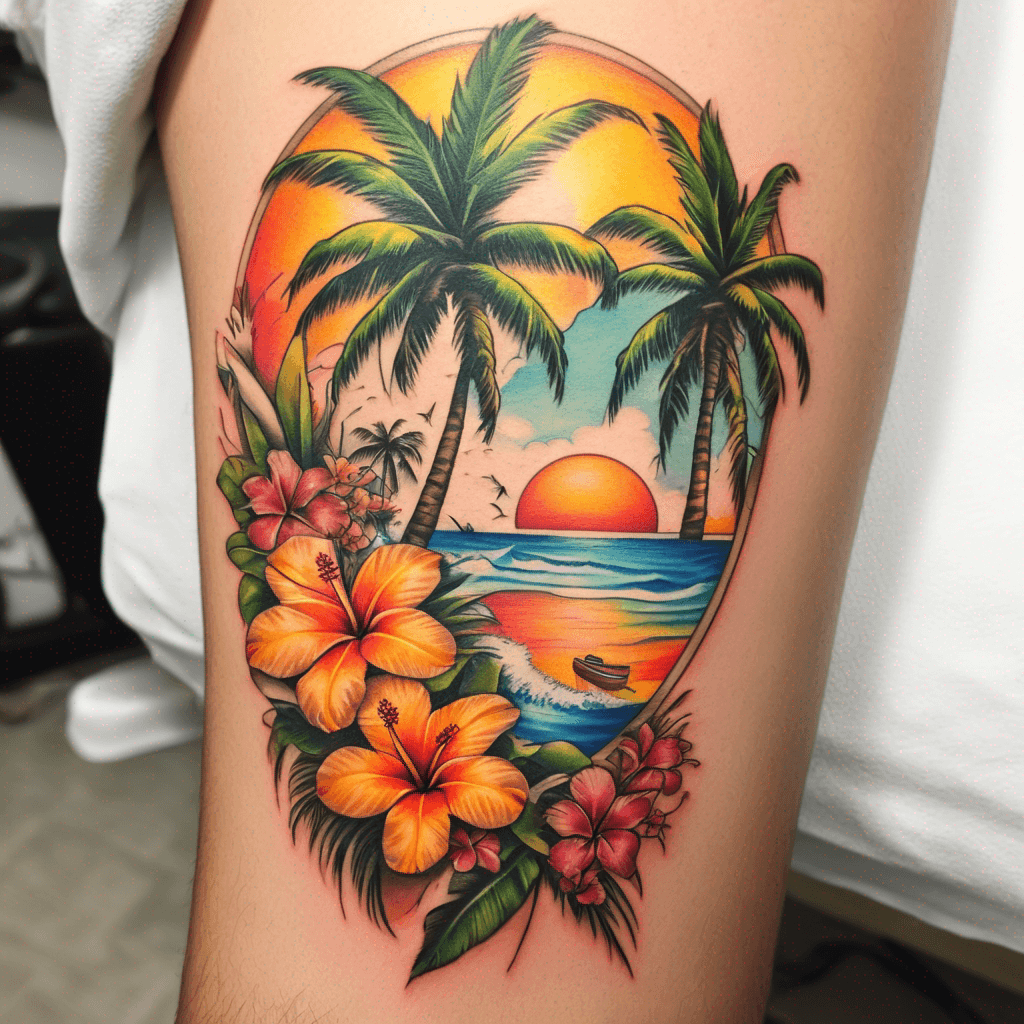 Full color, high detail, sharp lines, realism style, minimal compass with B,O,V,R initials somewhere in the design. Tropical, Hawaiian, Beach, flip flops, palm tree, hawaiian flowers, surf board bright, happy, sunshine. boat.
