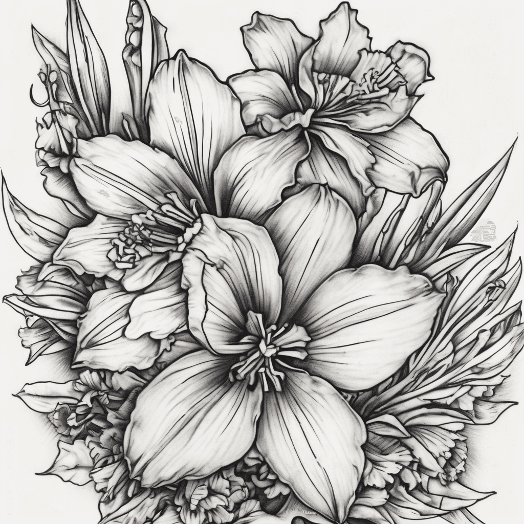 I would like a fine lined, light shading, feminine tattoo for my hip/side area. I would like it to include 5 birth month flowers. Two daffodils for my twin boys, one marigold for my husband, two violets for my daughter and I.