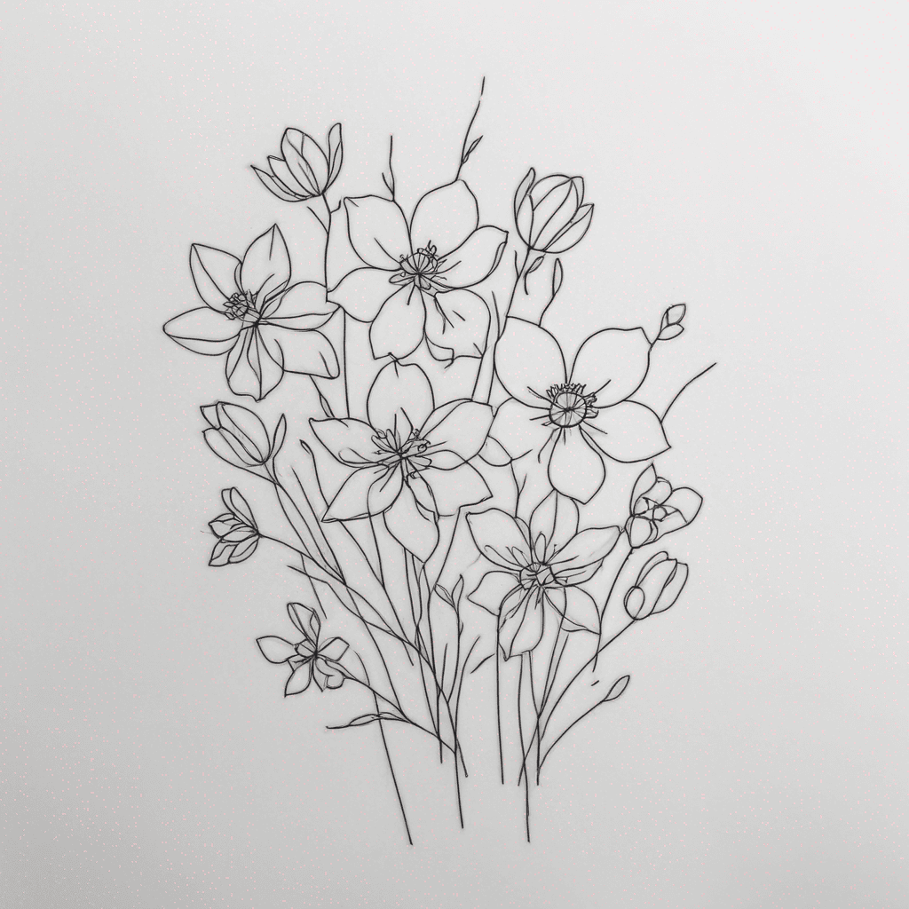 Feminine, fine lined cluster of flowers. I want the flowers to be two daffodils, one marigold, two violets
