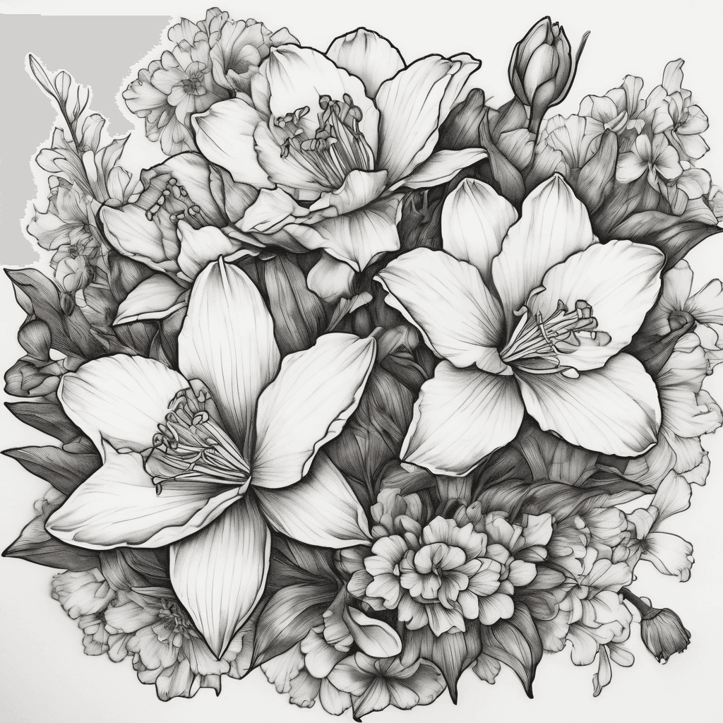 I would like a tattoo design of a cluster of flowers. I want them to be feminine, fine lined and light shading. I want to incorporate 5 flowers. Daffodil, daffodil, violet, violet, marigold