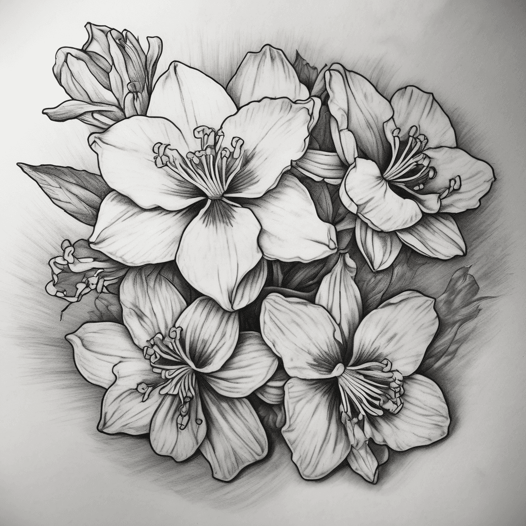 I would like a tattoo design of a cluster of flowers. I want them to be feminine, fine lined and light shading. I want to incorporate 5 flowers. Daffodil, daffodil, violet, violet, marigold