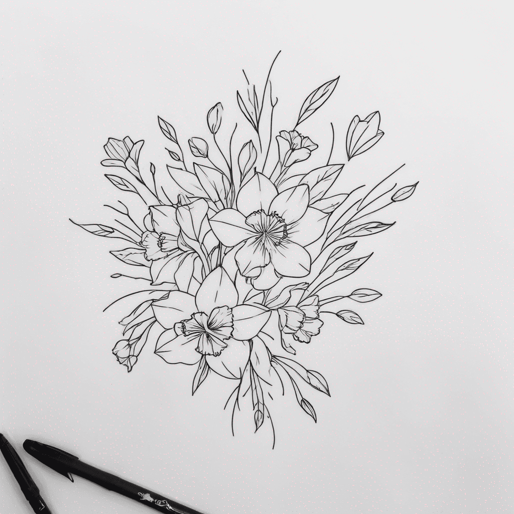 I would like a tattoo design of a cluster of flowers. I want them to be feminine, fine lined and light shading. I want to incorporate 5 flowers. Daffodil, daffodil, violet, violet, marigold