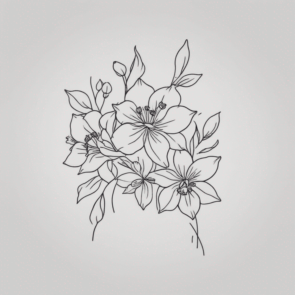 I would like a tattoo design of a cluster of flowers. I want them to be feminine, fine lined and light shading. I want to incorporate 5 flowers. Daffodil, daffodil, violet, violet, marigold