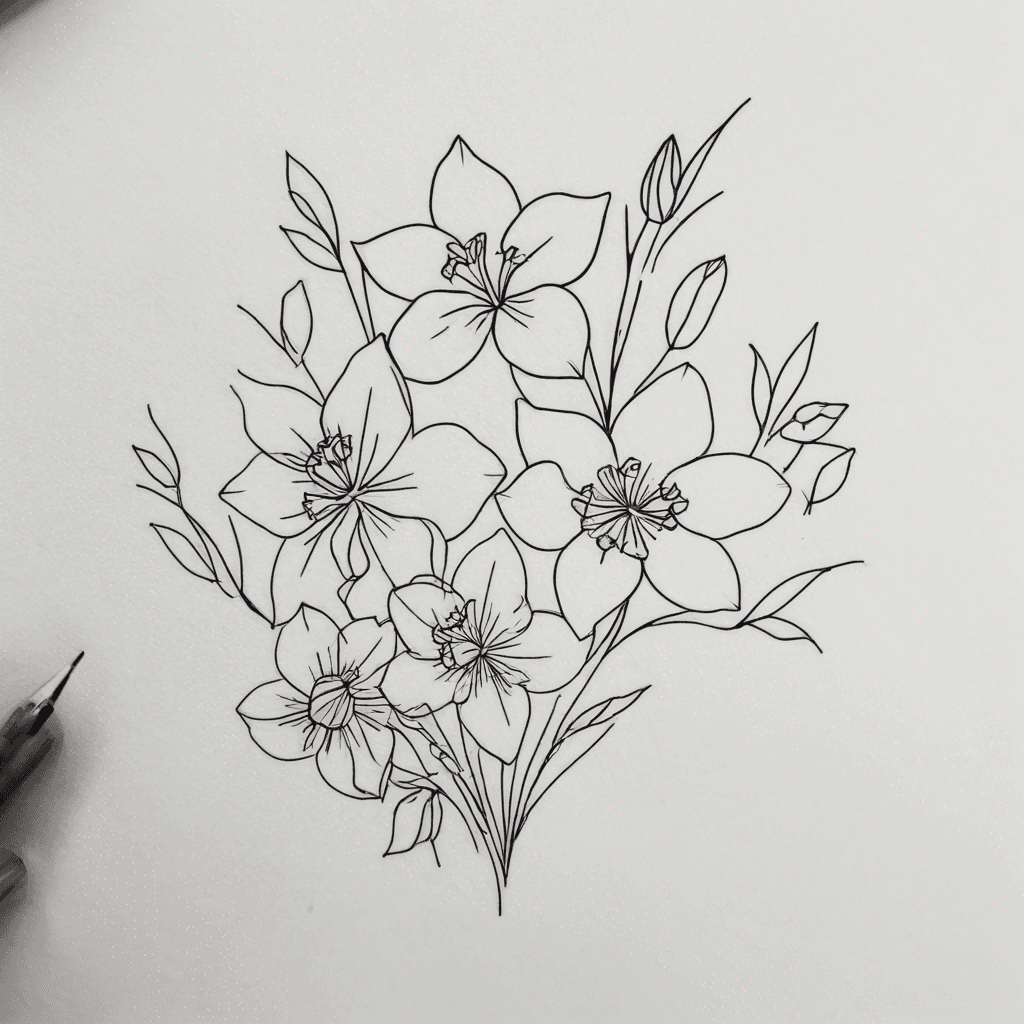 I would like a tattoo design of a cluster of flowers. I want them to be feminine, fine lined and light shading. I want to incorporate 5 flowers. Daffodil, daffodil, violet, violet, marigold
