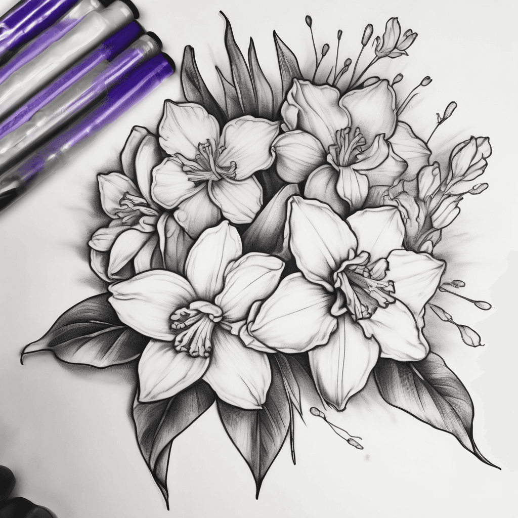 I would like a tattoo design of a cluster of flowers. I want them to be feminine, fine lined and light shading. I want to incorporate 5 flowers. Daffodil, daffodil, violet, violet, marigold