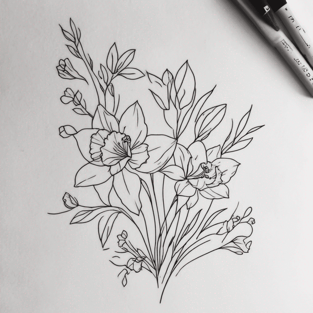 I would like a tattoo design of a cluster of flowers. I want them to be feminine, fine lined and light shading. I want to incorporate 5 flowers. Daffodil, daffodil, violet, violet, marigold