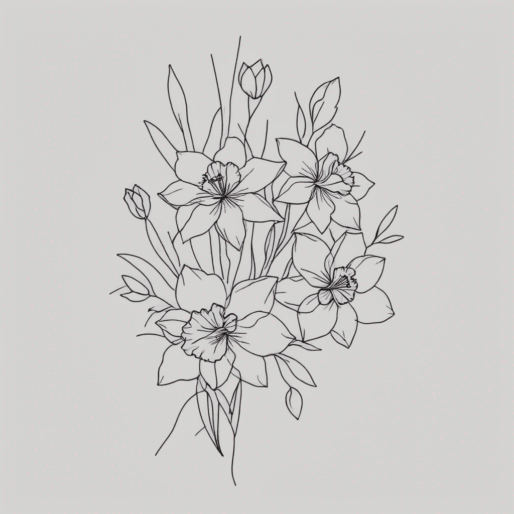 I would like a tattoo design of a cluster of flowers. I want them to be feminine, fine lined and light shading. I want to incorporate 5 flowers. Daffodil, daffodil, violet, violet, marigold
