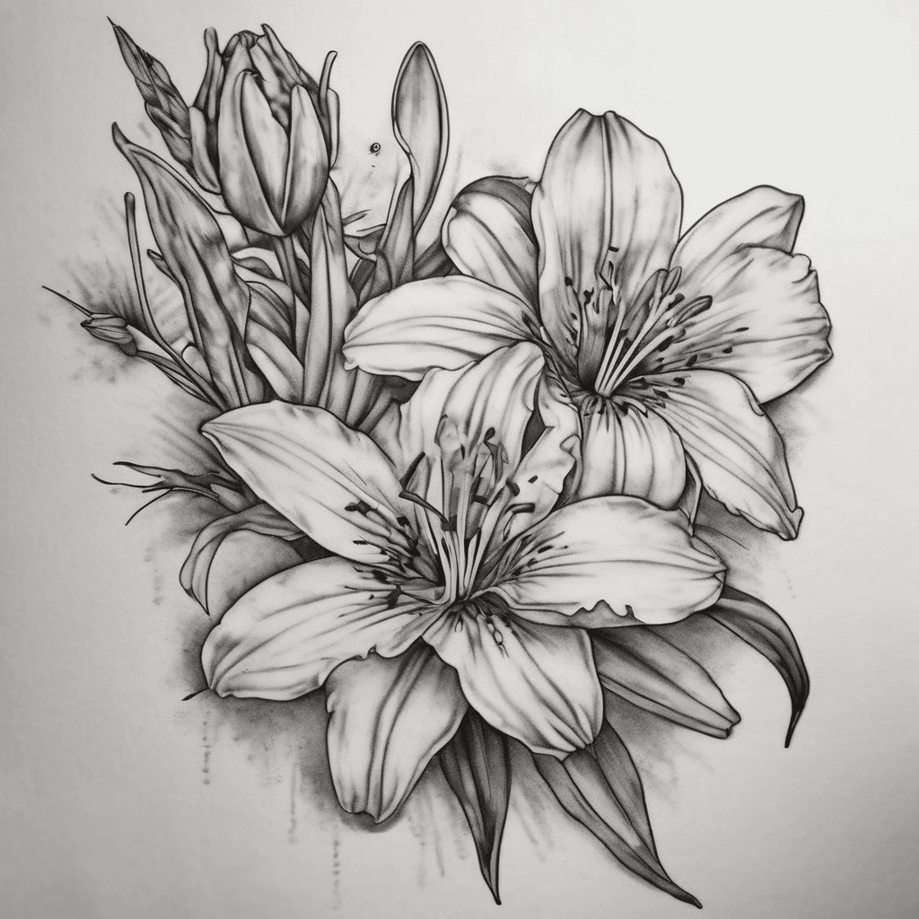 Design a feminine tattoo featuring One large Lilly, one medium sized marigold, two small daffodils and one small violet