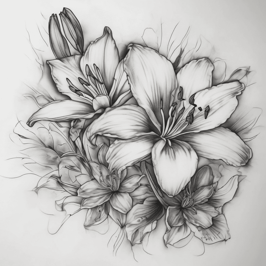 Design a feminine tattoo featuring One large Lilly, one medium sized marigold, two small daffodils and one small violet
