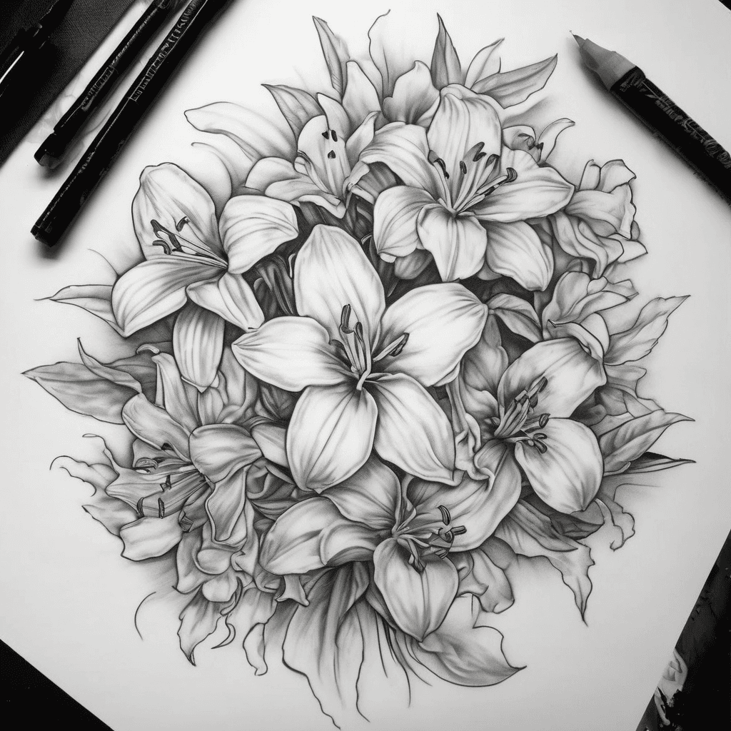 Design a feminine flower cluster tattoo. I want a Lilly to be the centerpiece and I want 4 smaller flowers around it in a cluster. The four smaller flowers I want to incorporate are 2 daffodils, one marigold and one violet