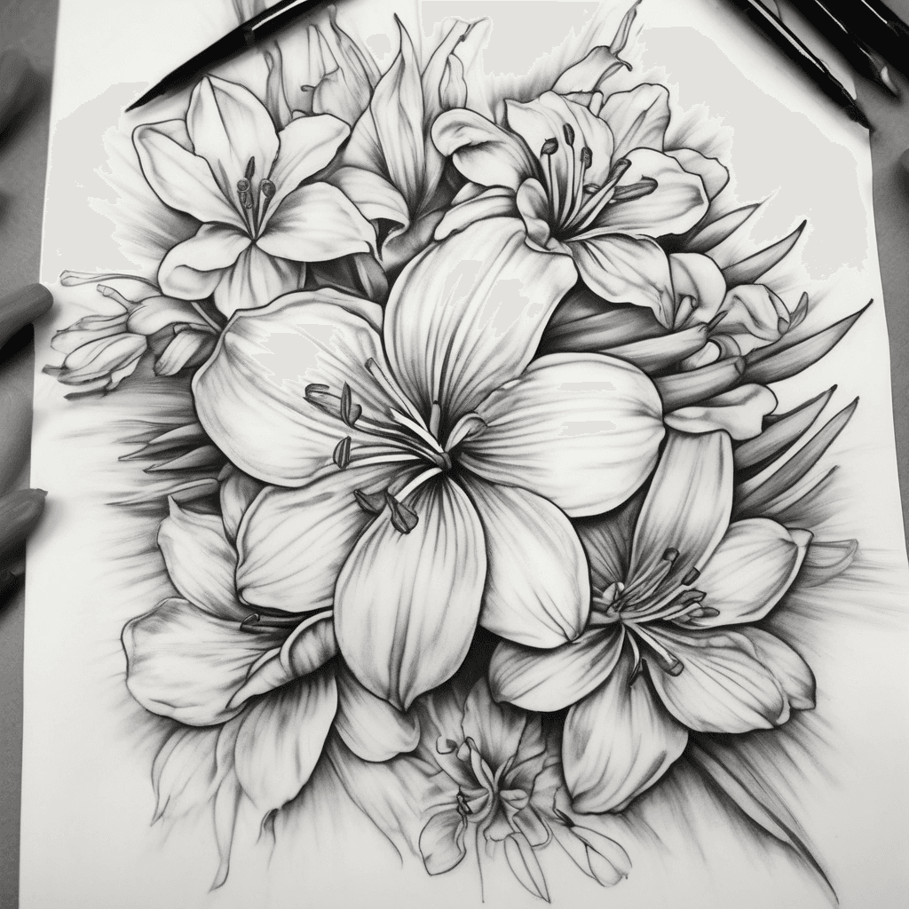 Design a feminine flower cluster tattoo. I want a Lilly to be the centerpiece and I want 4 smaller flowers around it in a cluster. The four smaller flowers I want to incorporate are 2 daffodils, one marigold and one violet