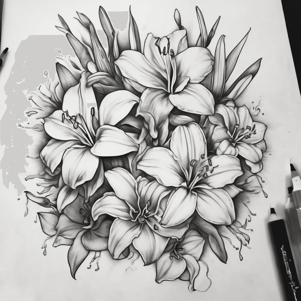 Design a feminine flower cluster tattoo. I want a Lilly to be the centerpiece and I want 4 smaller flowers around it in a cluster. The four smaller flowers I want to incorporate are 2 daffodils, one marigold and one violet