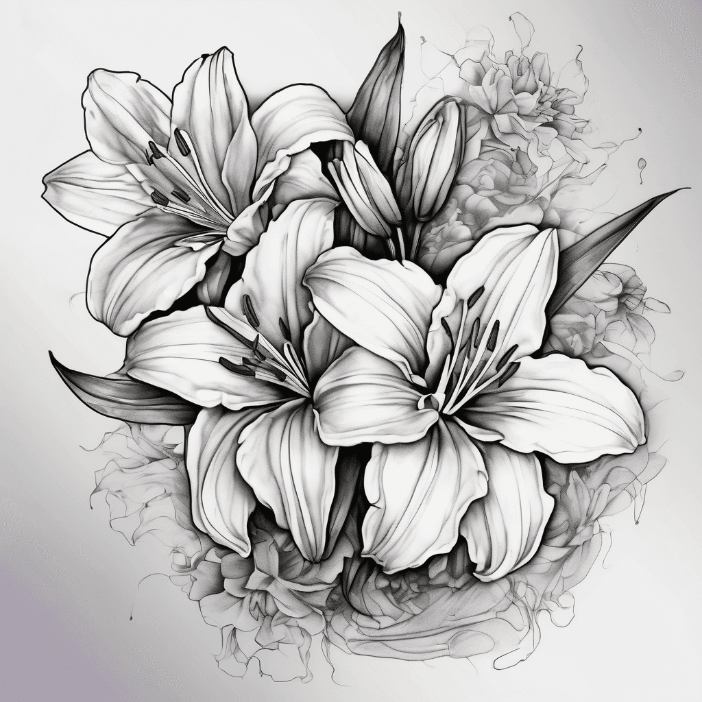 Design a tattoo with a Lilly, two daffodils, one marigold and one violet