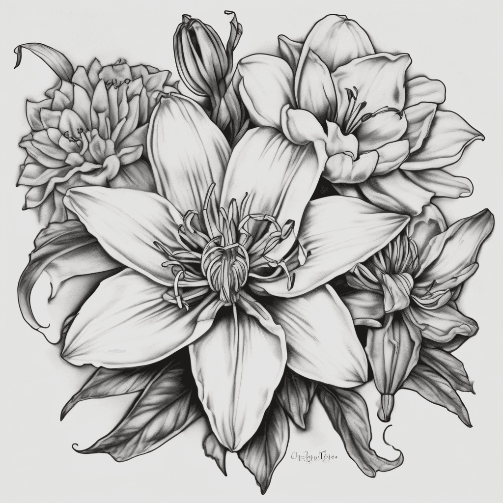 I want a light shaded, feminine tattoo featuring a large Lilly, medium sized marigold, two daffodils and one violet