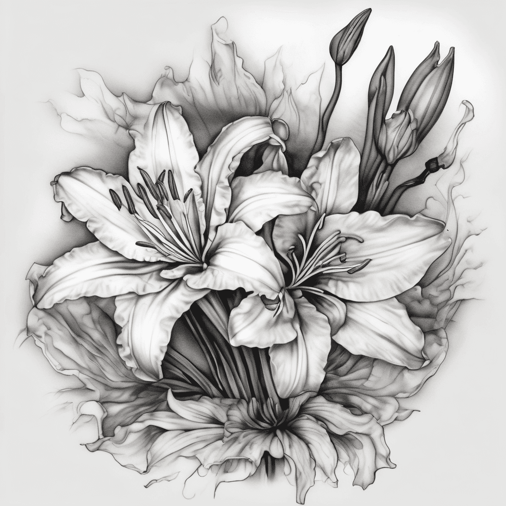 Lightly shaded, feminine tattoo design featuring a large lily, medium marigold, two daffodils, and a single violet, emphasizing elegance and floral harmony.