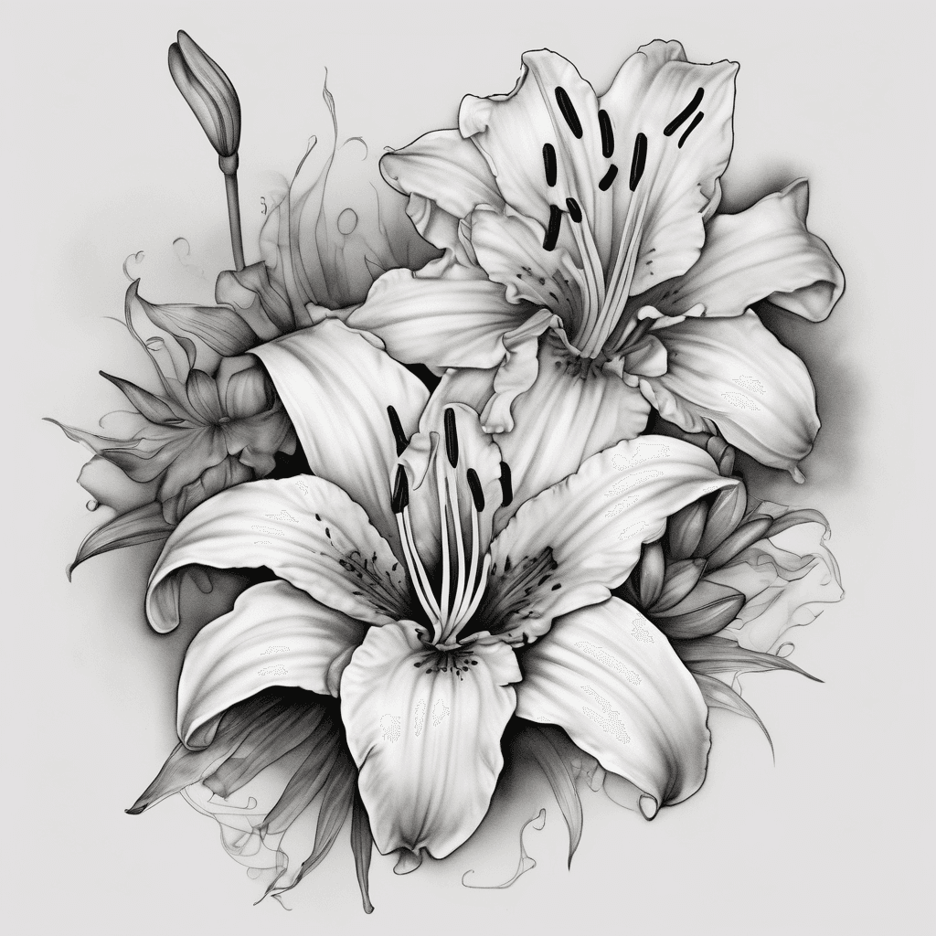 Lightly shaded, feminine tattoo design featuring a large lily, medium marigold, two daffodils, and a single violet, emphasizing elegance and floral harmony.